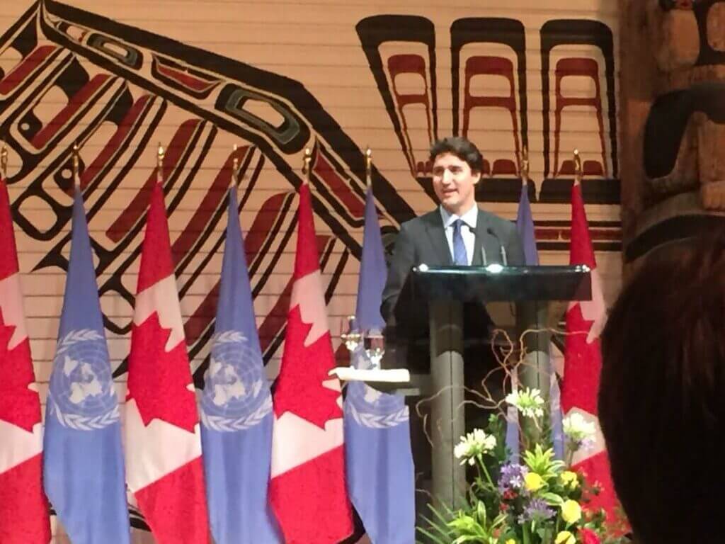 Prime Minister Justin Trudeau speaking to a crowd that included B'nai Brith CEO Michael Mostyn