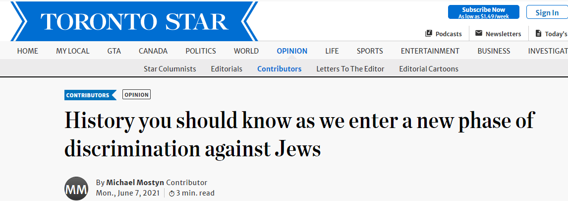 B’nai Brith Canada CEO in Toronto Star: Learn Jewish History