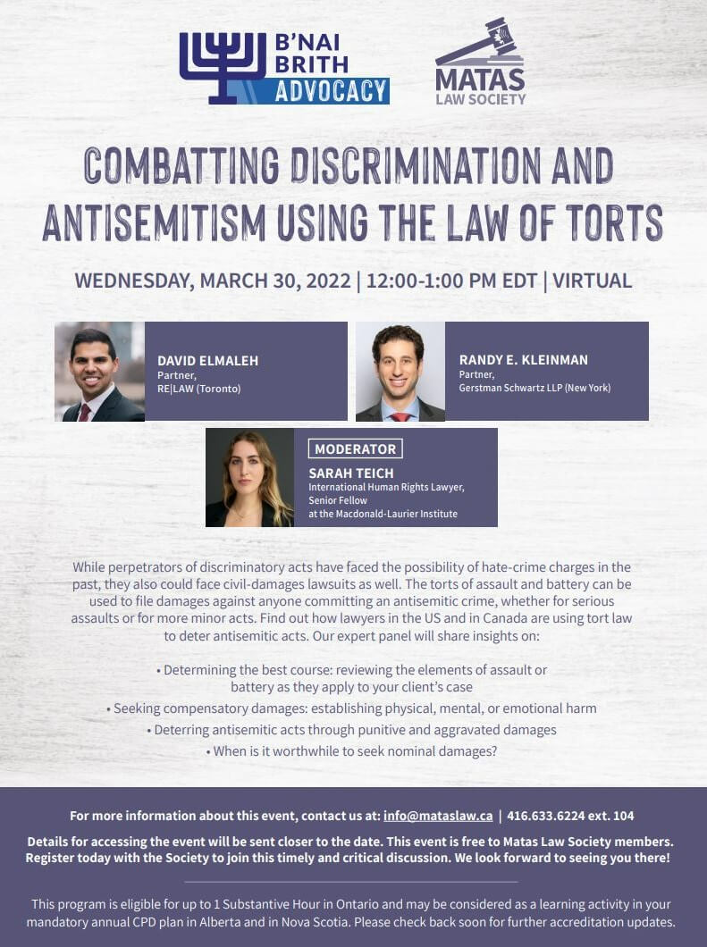 Combatting Discrimination and Antisemitism Using the Law of Torts – B’nai Brith Canada