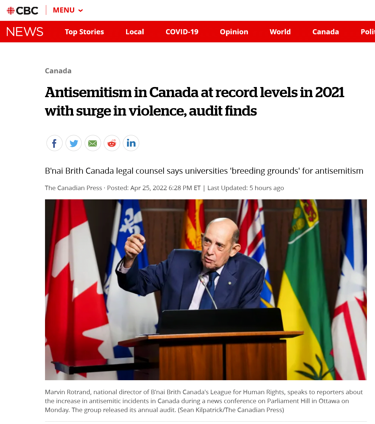 2021 Annual Audit of Antisemitic Incidents Profiled on CBC – B’nai Brith Canada