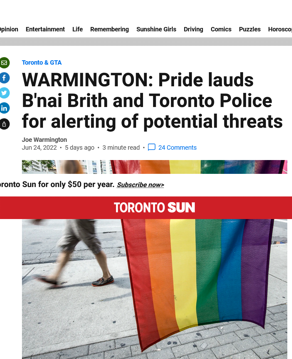 Pride lauds B’nai Brith and Toronto Police for alerting of potential threats