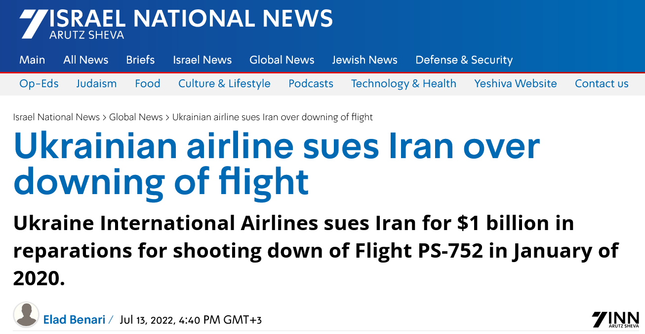 Ukrainian airline sues Iran over downing of flight